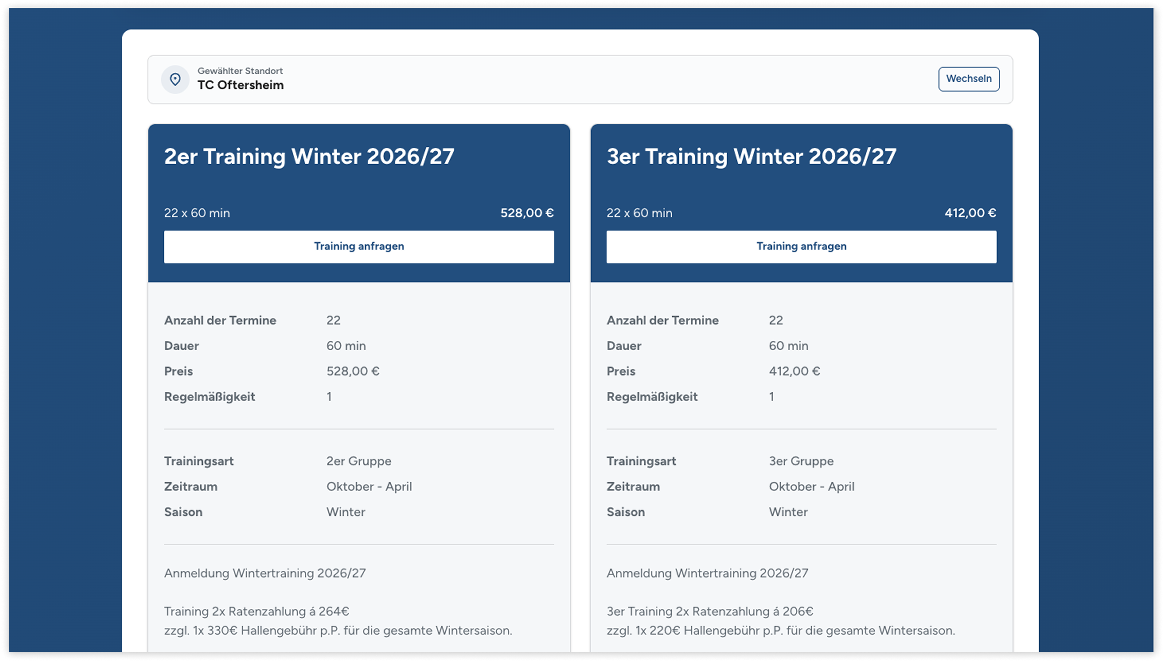 Matchplan Online-Anmeldung: Öffentliches Buchungsprofil mit Trainingsangeboten
